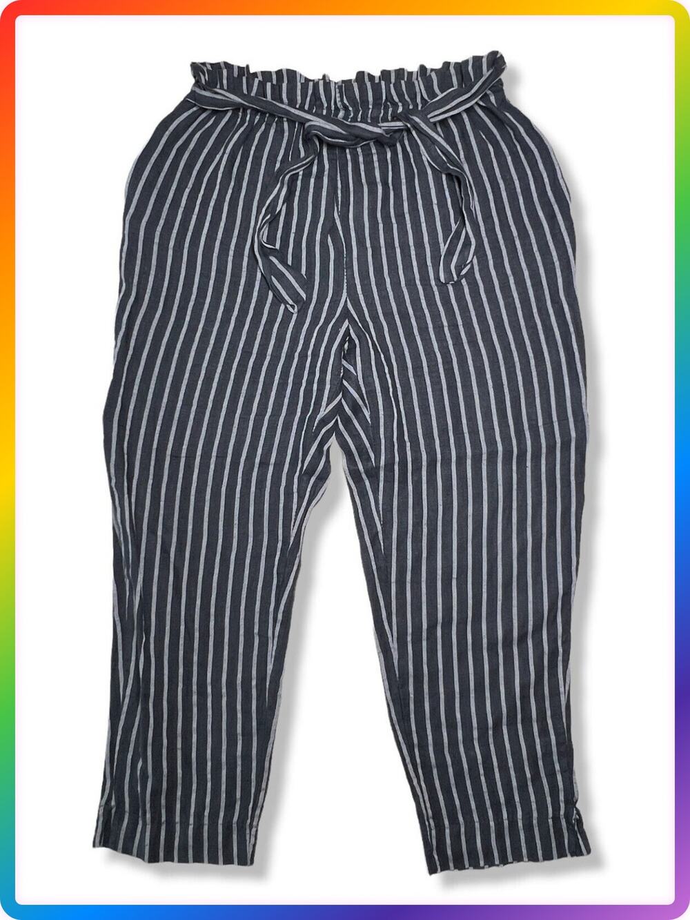 Own It Linen High Waist Cropped Pants SIZE XL Blue Gray Stripe Belted Italy